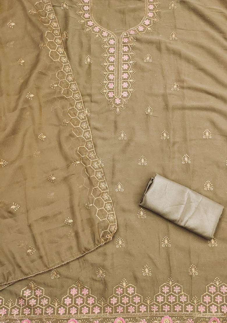 Beige Embroidered Georgette Straight Kurta Set - Indya