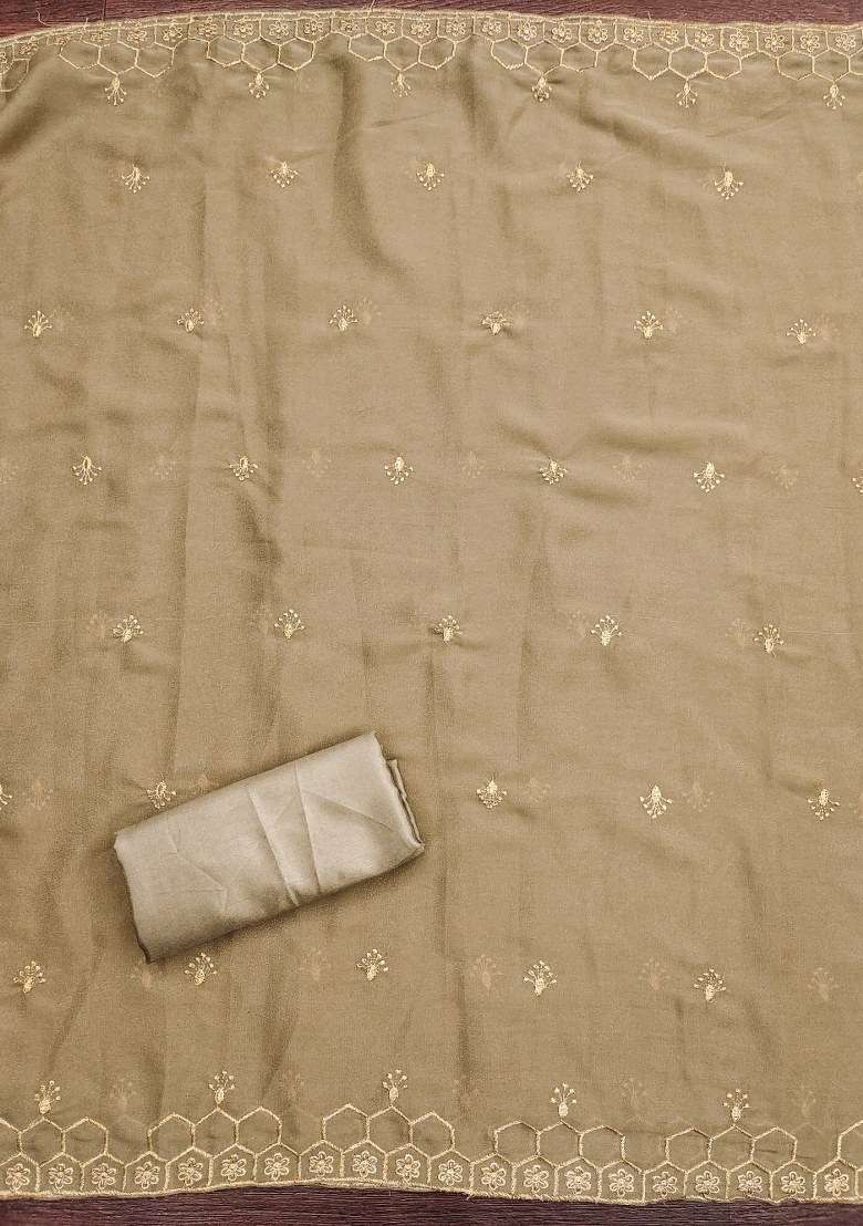 Beige Embroidered Georgette Straight Kurta Set - Indya