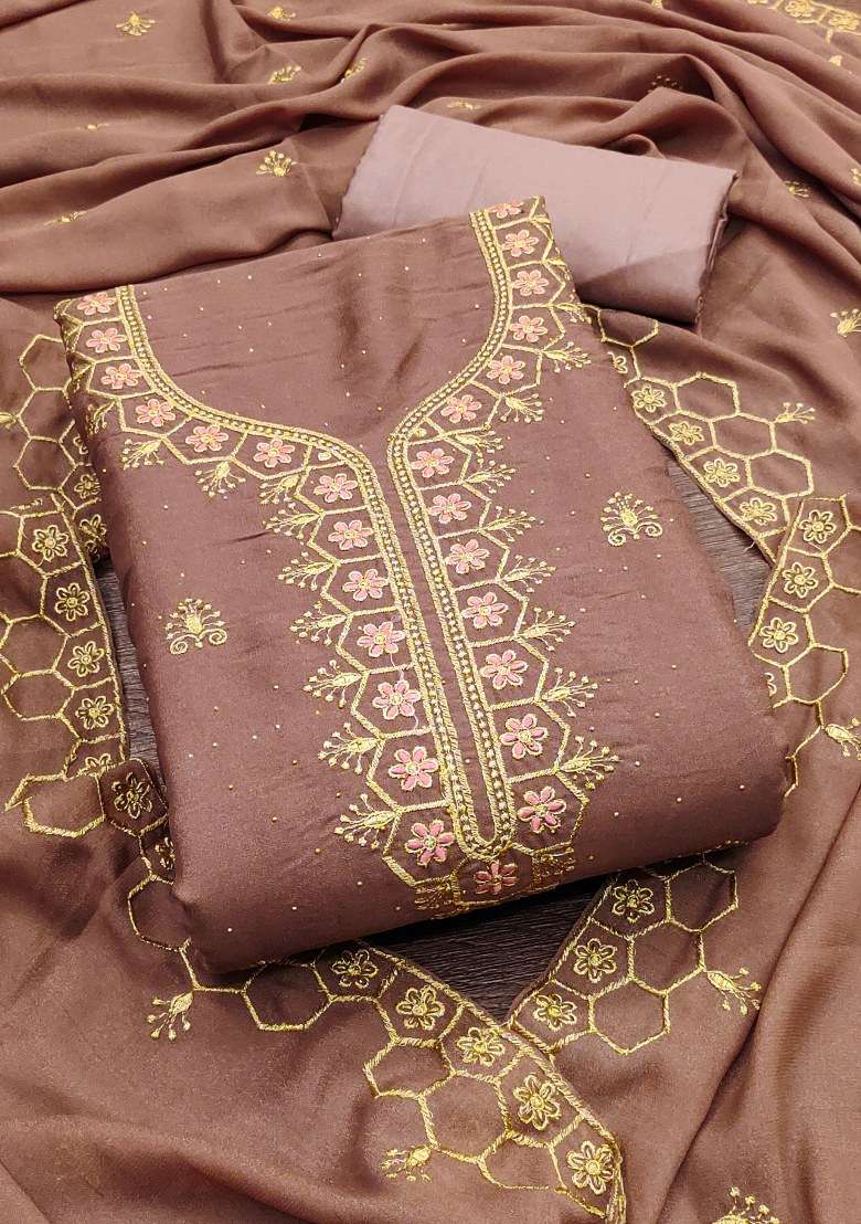 Lavender Embroidered Georgette Straight Kurta Set - Indya