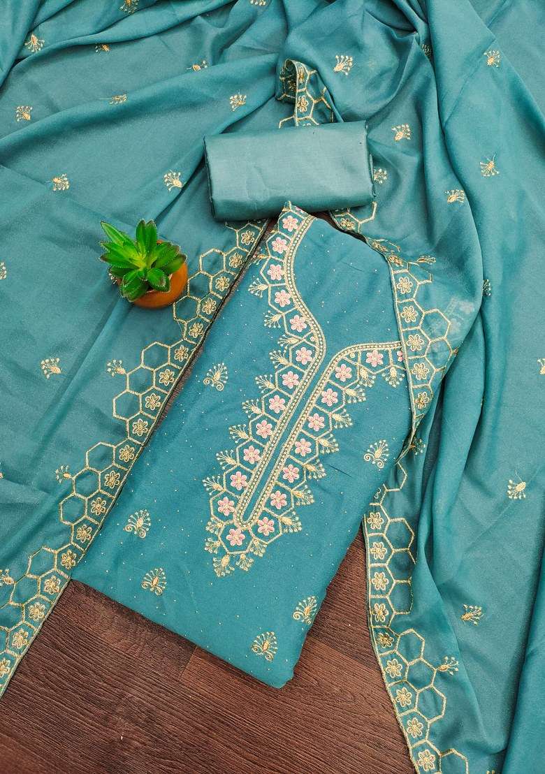 Sky Blue Embroidered Georgette Straight Kurta Set - Indya