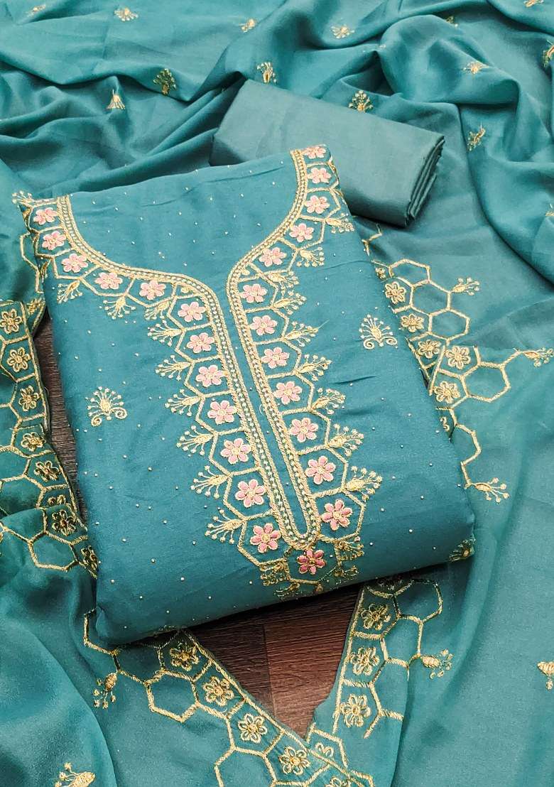 Sky Blue Embroidered Georgette Straight Kurta Set - Indya
