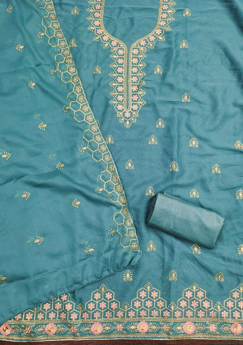 Sky Blue Embroidered Georgette Straight Kurta Set - Indya