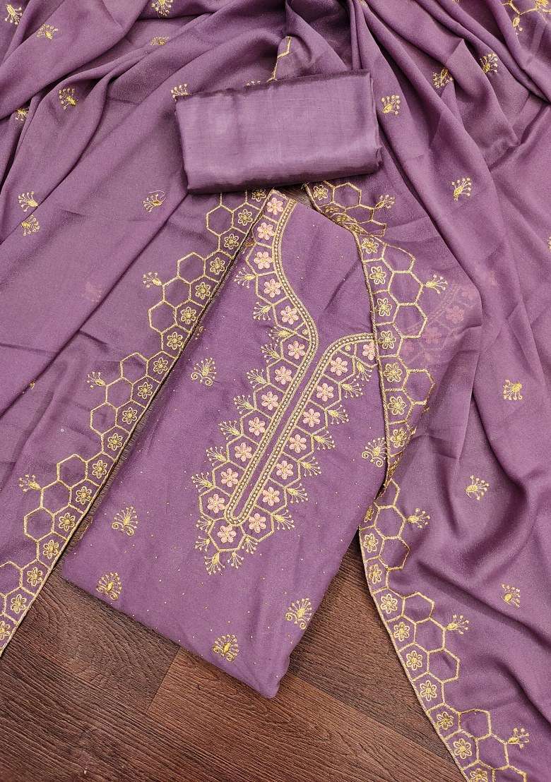 Voilet Embroidered Georgette Straight Kurta Set - Indya