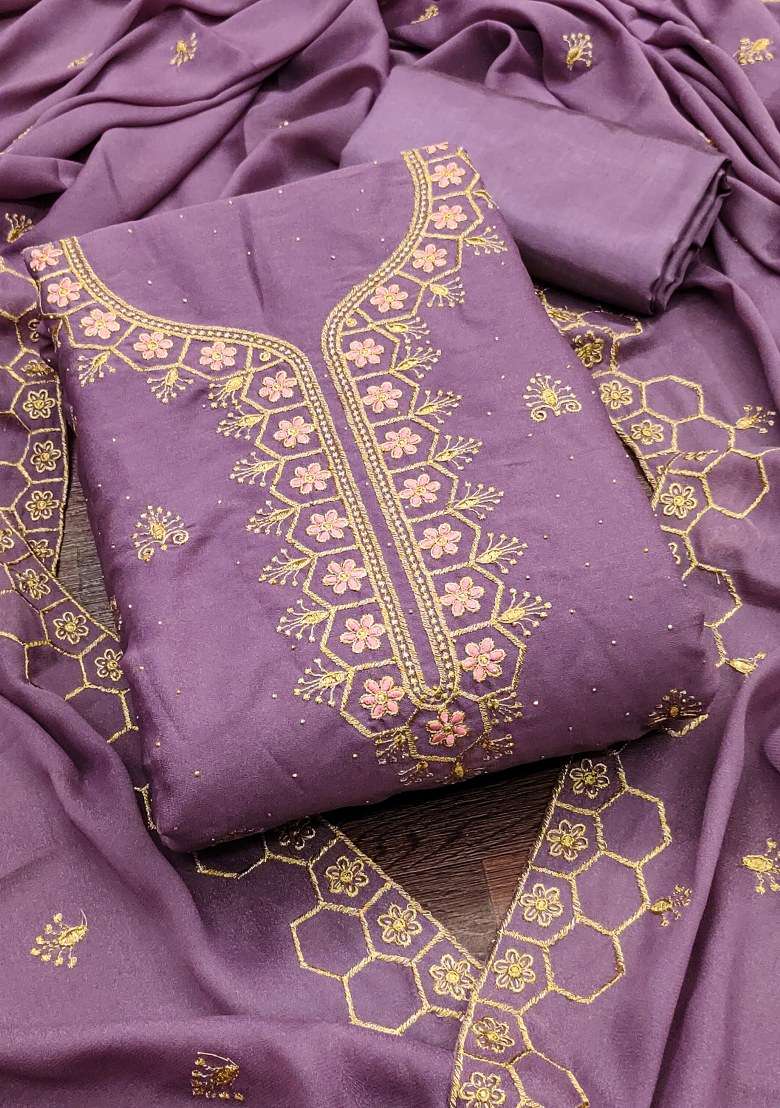Voilet Embroidered Georgette Straight Kurta Set - Indya