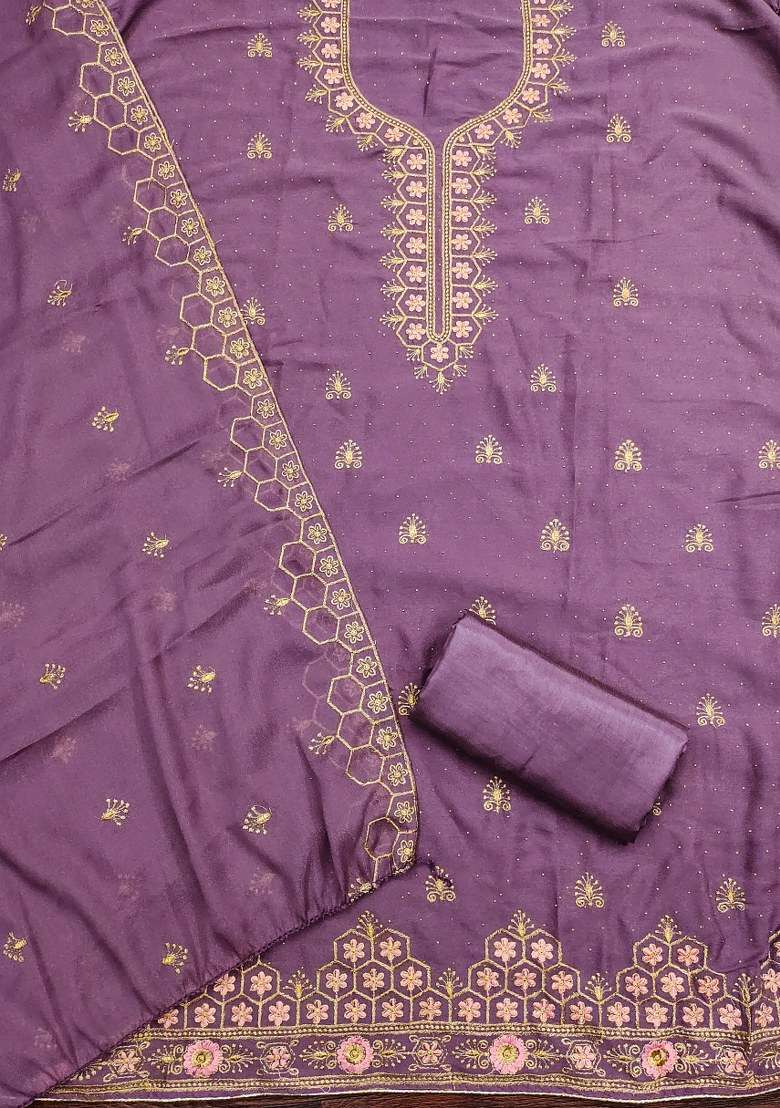 Voilet Embroidered Georgette Straight Kurta Set - Indya
