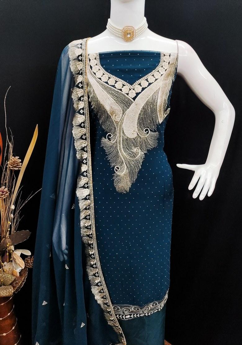 Blue Embroidered Georgette Dress Material