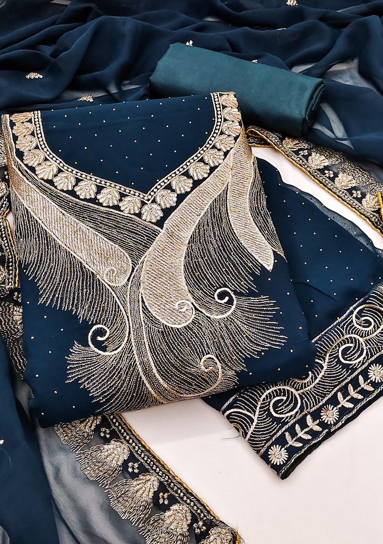 Blue Embroidered Georgette Dress Material