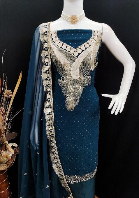 Blue Embroidered Georgette Dress Material