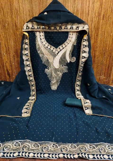 Blue Embroidered Georgette Dress Material