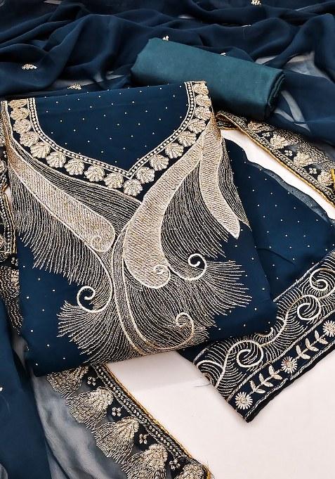 Blue Embroidered Georgette Dress Material