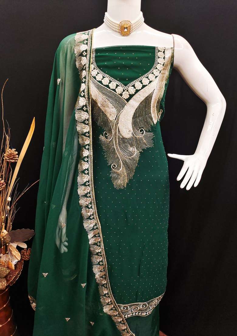 Green Embroidered Georgette Pakistani Suit Set - Indya