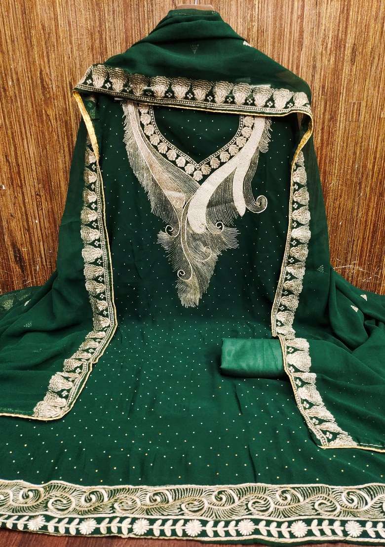 Green Embroidered Georgette Pakistani Suit Set - Indya
