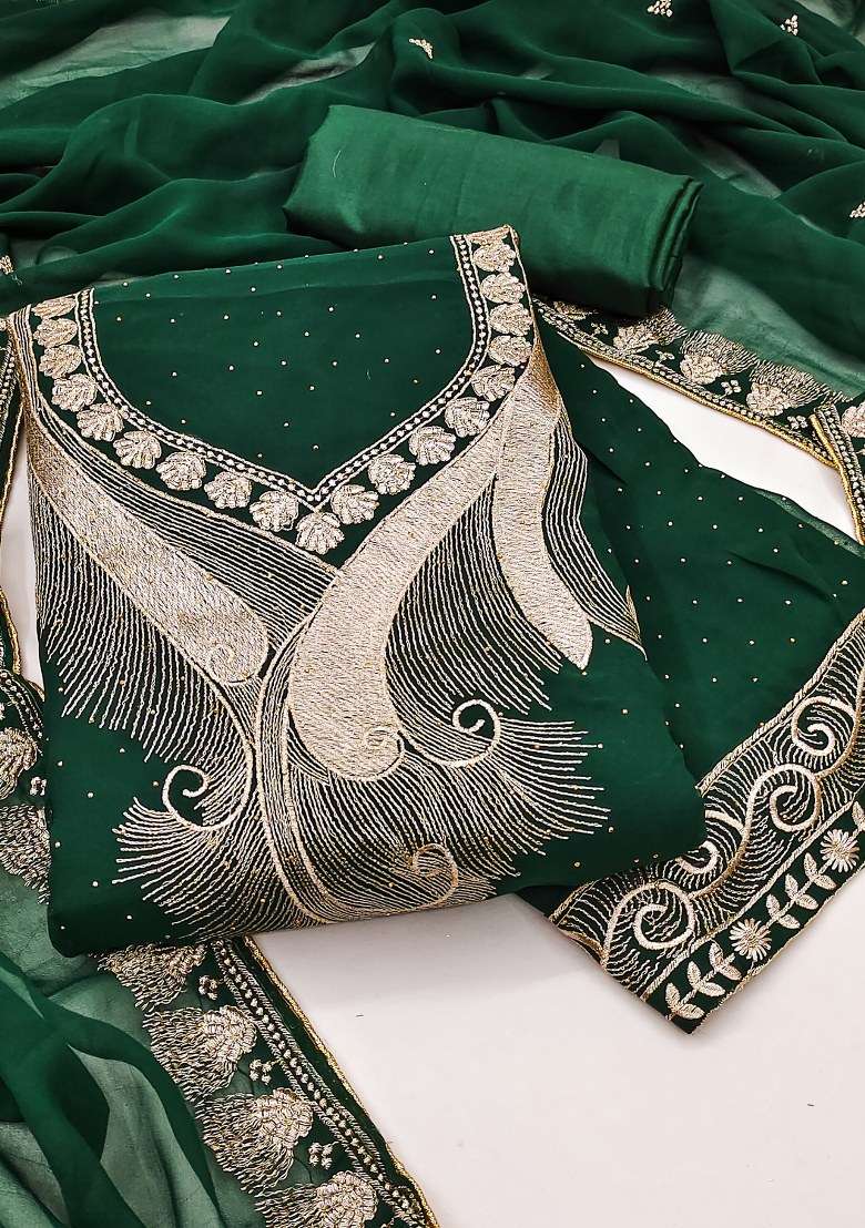 Green Embroidered Georgette Pakistani Suit Set - Indya