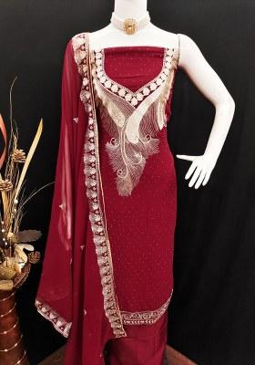Maroon Embroidered Georgette Dress Material