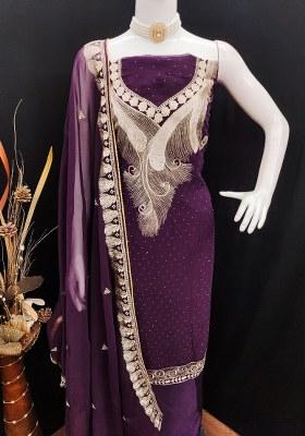 Purple Embroidered Georgette Dress Material