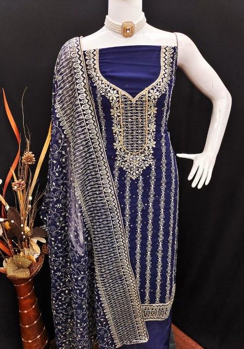 Blue Embroidered Georgette Pakistani Suit Set