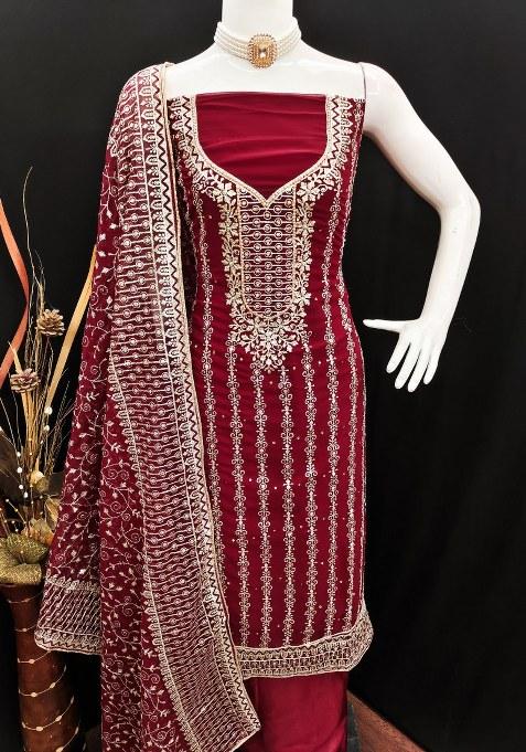 Maroon Embroidered Georgette Dress Material