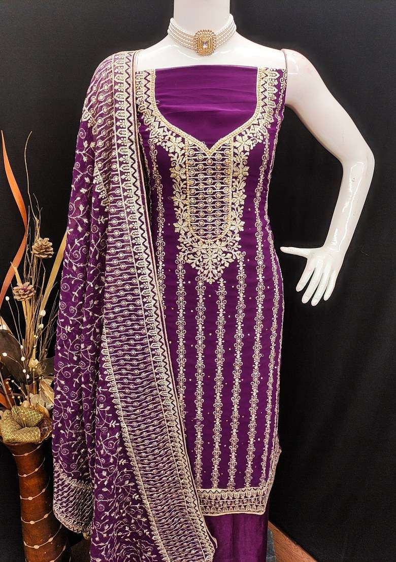 Purple Embroidered Georgette Dress Material - Indya