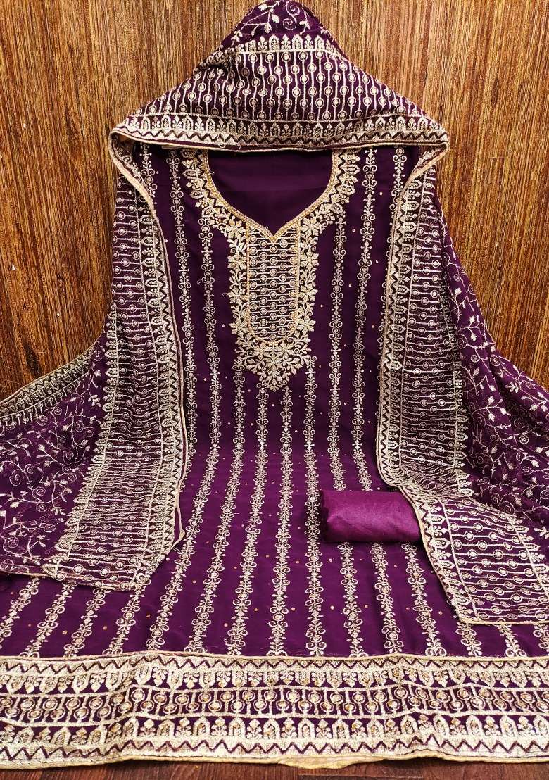 Purple Embroidered Georgette Dress Material - Indya
