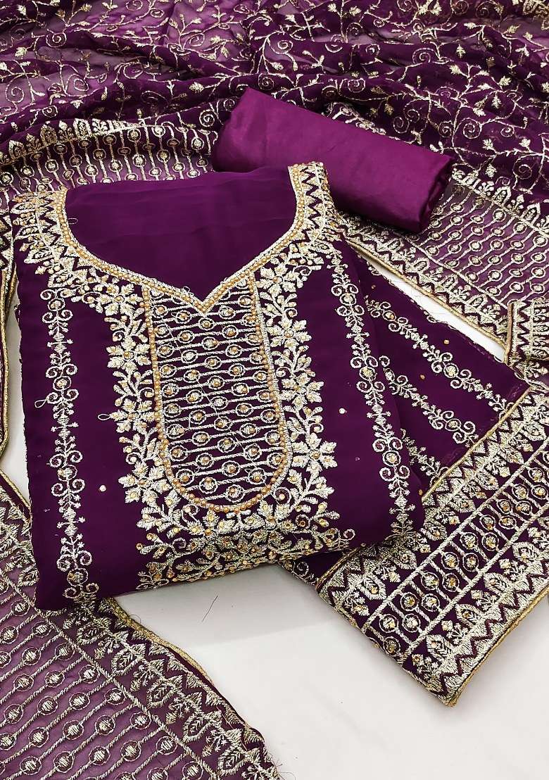 Purple Embroidered Georgette Dress Material - Indya