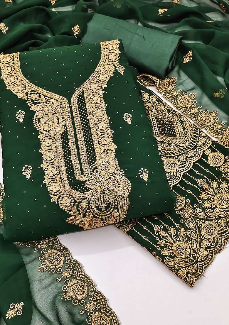 Green Embroidered Georgette Pakistani Suit Set - Indya