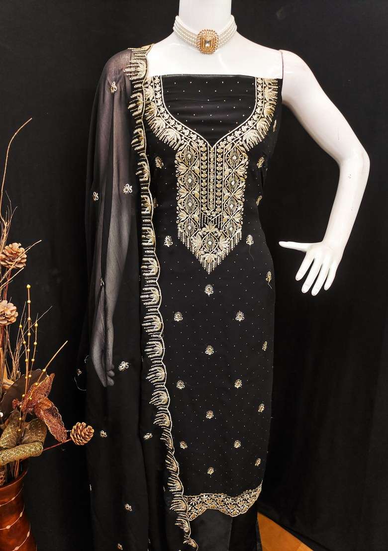 Black Embroidered Georgette Dress Material - Indya