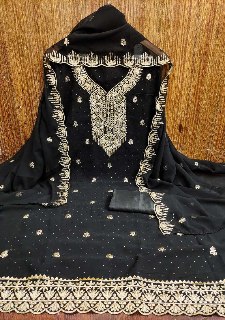 Black Embroidered Georgette Dress Material - Indya