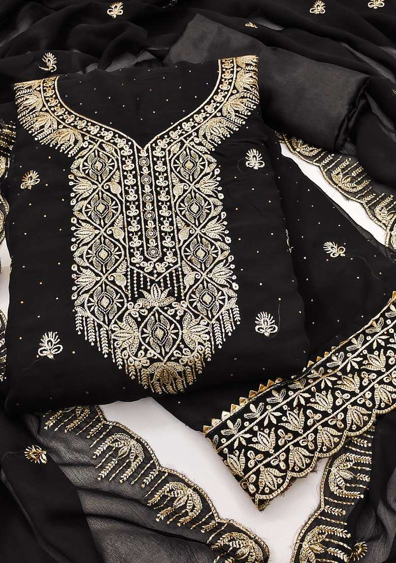 Black Embroidered Georgette Dress Material - Indya