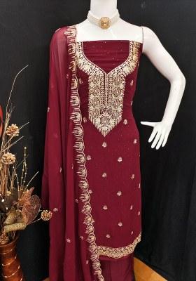 Maroon Embroidered Georgette Dress Material
