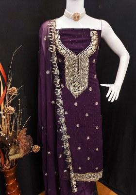 Purple Embroidered Georgette Dress Material