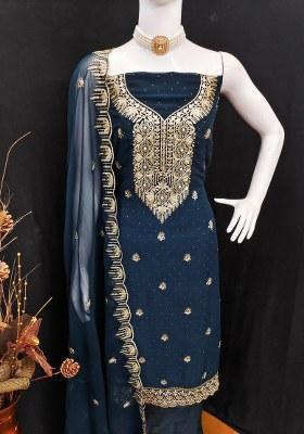 Teal Blue Embroidered Georgette Dress Material