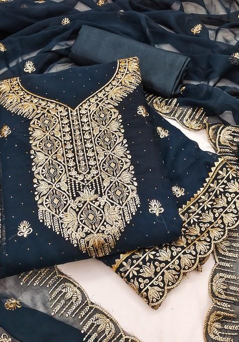 Teal Blue Embroidered Georgette Dress Material