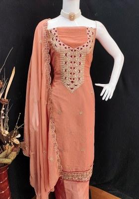 Peach Embroidered Georgette Dress Material