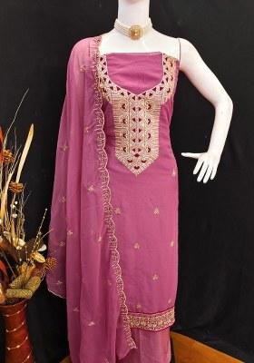 Pink Embroidered Georgette Dress Material