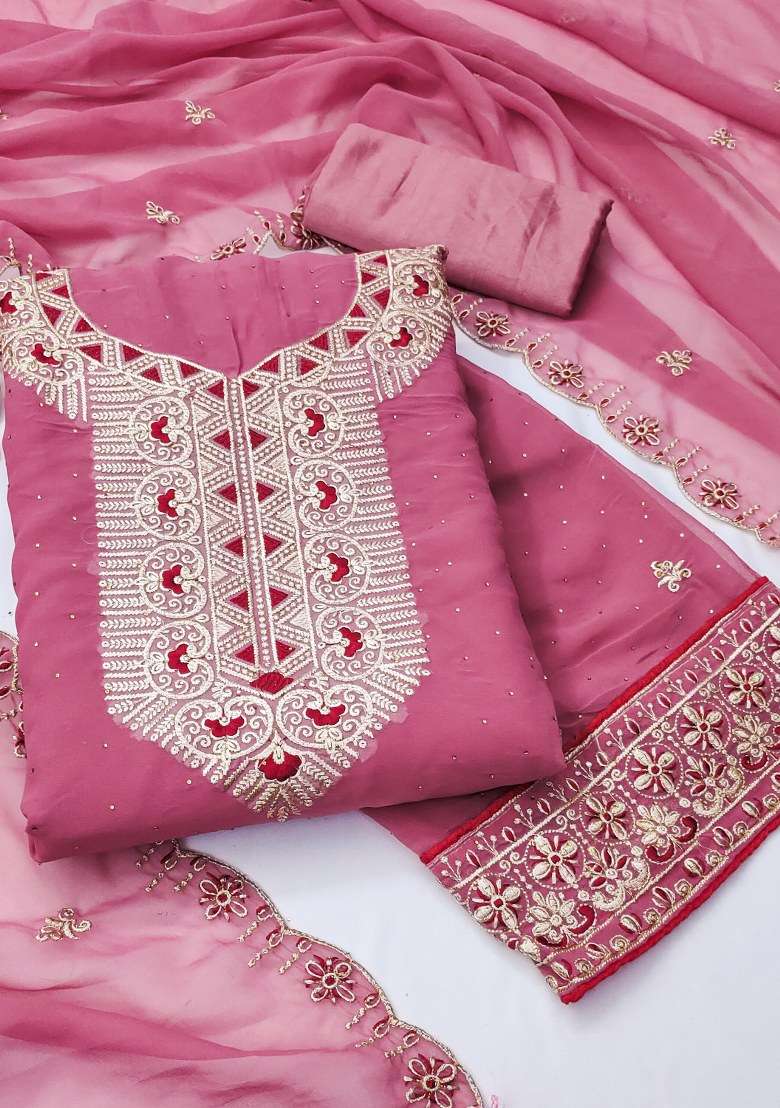 Pink Embroidered Georgette Pakistani Suit Set - Indya