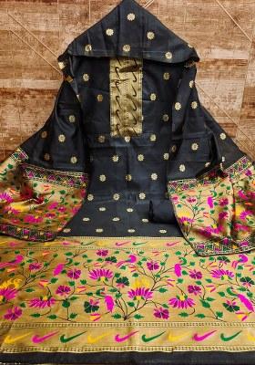 Black Embroidered Silk Dress Material