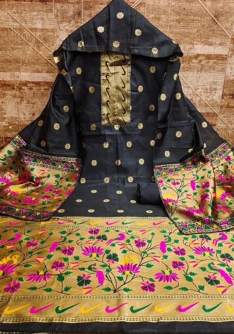 Black Embroidered Silk Dress Material