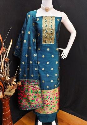 Blue Embroidered Silk Dress Material