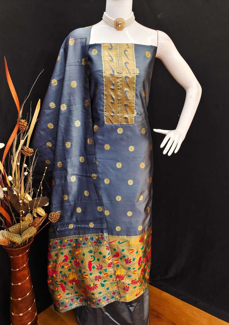 Grey Embroidered Silk Dress Material - Indya