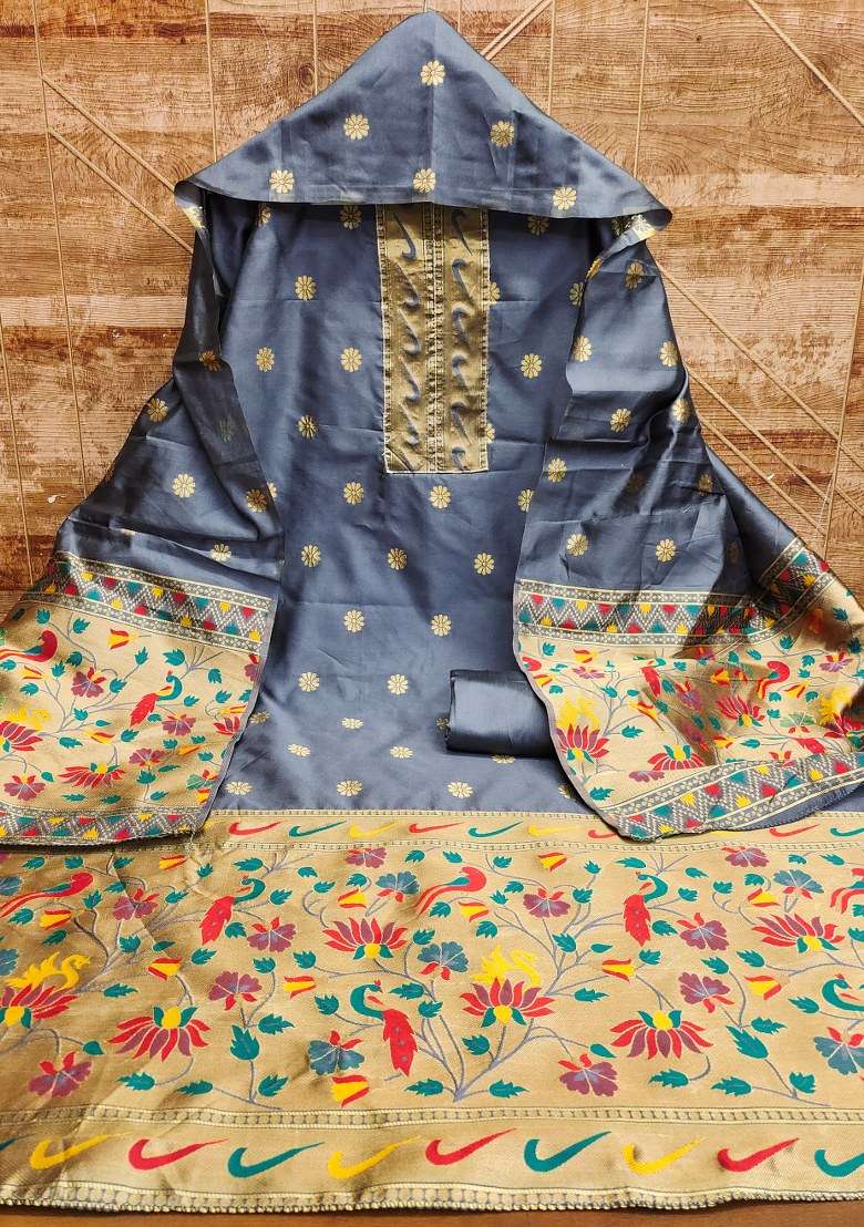 Grey Embroidered Silk Dress Material - Indya