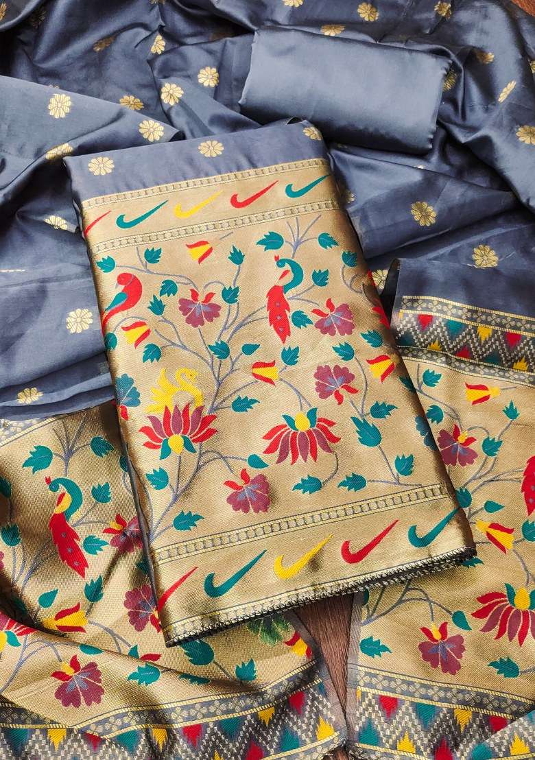 Grey Embroidered Silk Dress Material - Indya