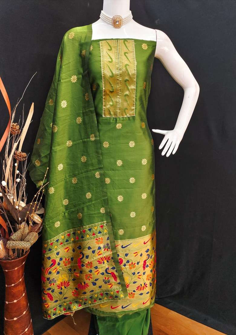 Light Green Embroidered Silk Dress Material - Indya