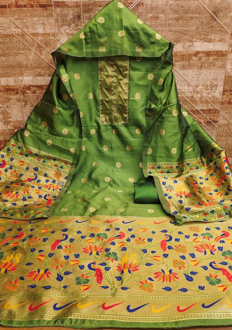 Light Green Embroidered Silk Dress Material - Indya