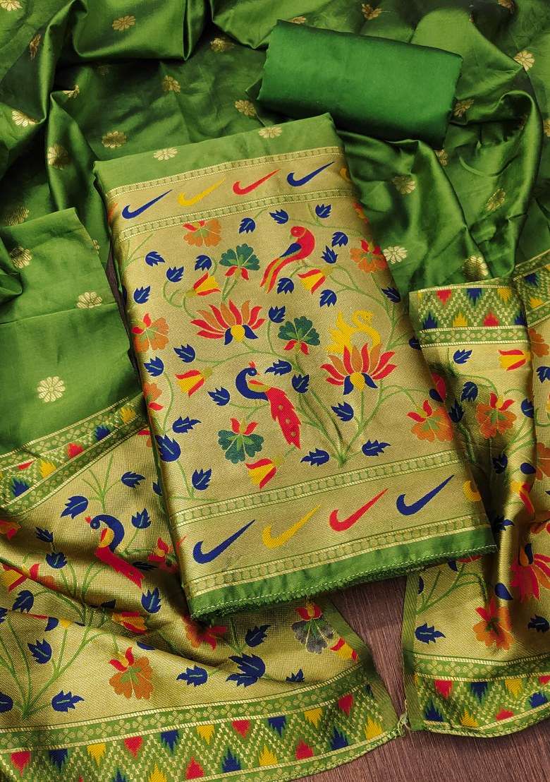 Light Green Embroidered Silk Dress Material - Indya