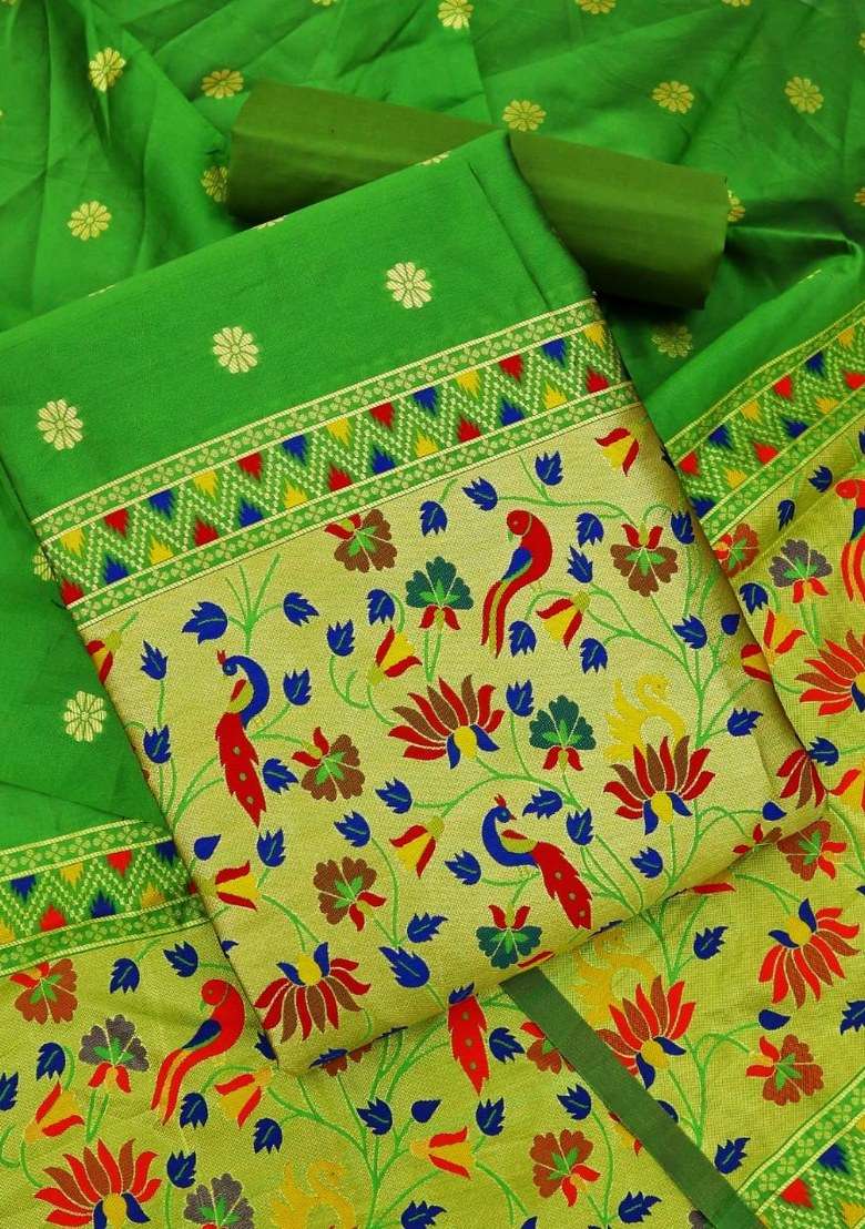 Light Green Embroidered Silk Dress Material - Indya