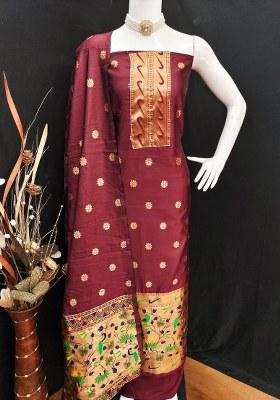 Maroon Embroidered Silk Dress Material