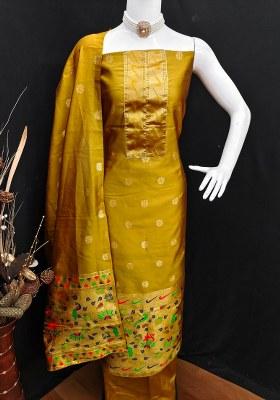 Mustard Embroidered Silk Dress Material