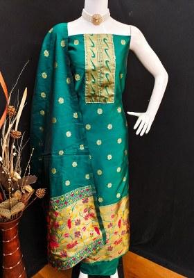 Sea Green Embroidered Silk Dress Material