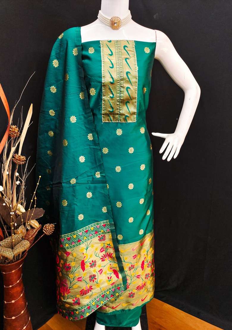 Sea Green Jacquard Silk Straight Kurta Set - Indya