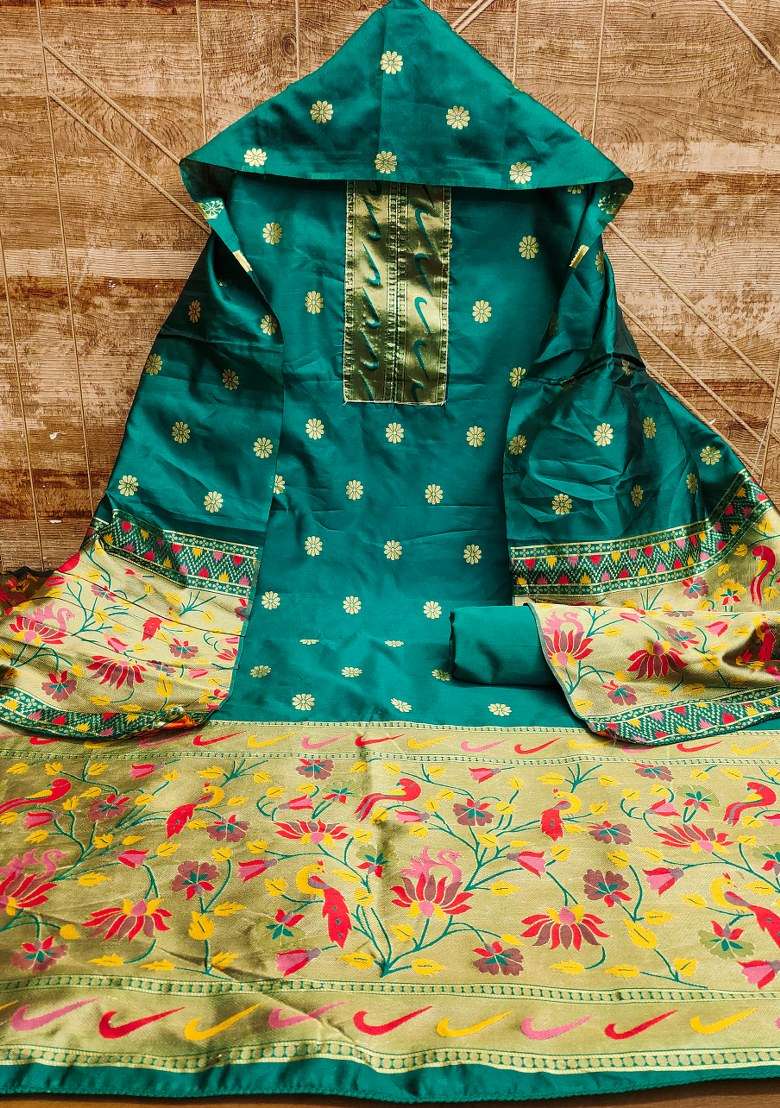 Sea Green Jacquard Silk Straight Kurta Set - Indya